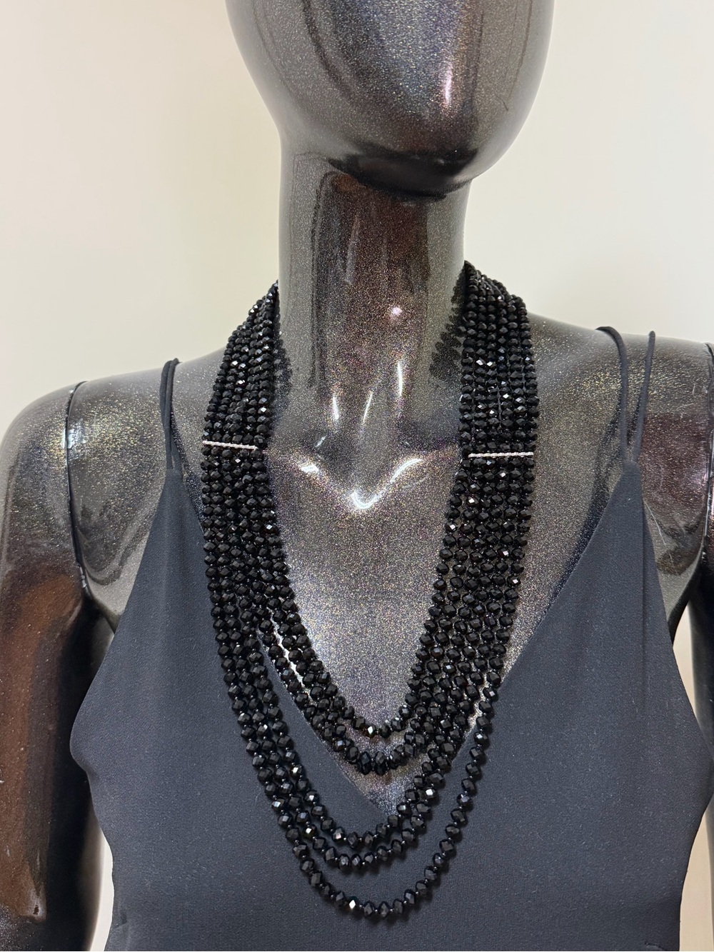 SIX STRAND BLACK FACETED AUSTRIAN CRYSTAL LONG NECKLACE